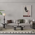 Neutral Sofa and Coffee Table Set With Decorative Pillows Area Rug Floor Lamp and Wall Art