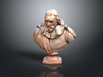 Bronze Bust Statue of Bearded Man with Ruffled Collar on Pedestal Base 3d model