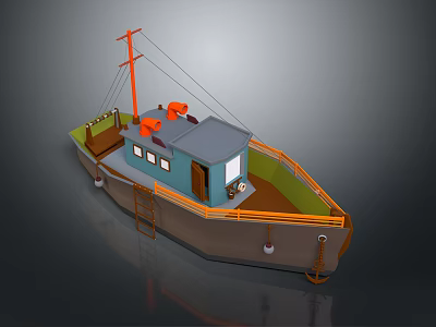 Small Fishing Boat With Blue Cabin Orange Railings And Wooden Deck Ladder 3d model