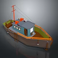 Small Fishing Boat With Blue Cabin Orange Railings And Wooden Deck Ladder