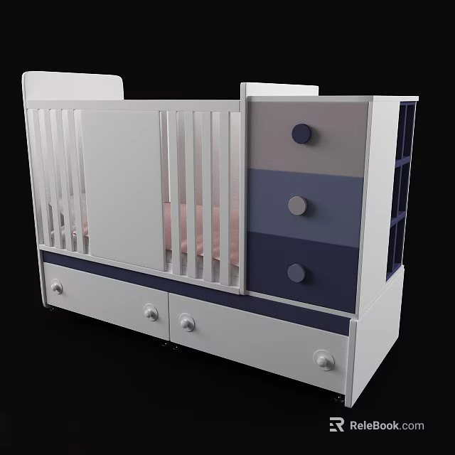 Modern White Baby Crib With Blue Gray Accents Drawers And Storage Design 3d model 