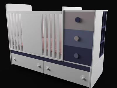 Modern White Baby Crib With Blue Gray Accents Drawers And Storage Design 3d model
