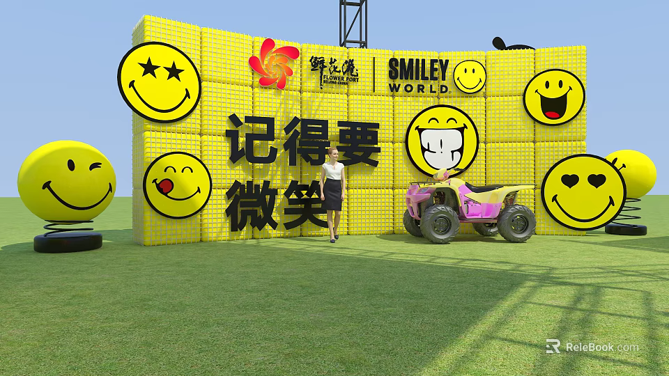 Smiley World Themed Photo Check-in Spot With Yellow Background Smiley Faces And Pink Toy Car 3d model 