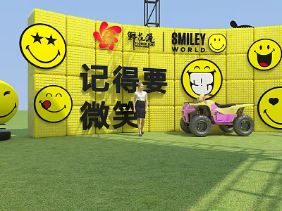 Smiley World Themed Photo Check-in Spot With Yellow Background Smiley Faces And Pink Toy Car 3d model