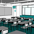 School Spacious Classroom Interior With Desks Chairs Whiteboard And Clock 3d model