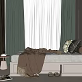 Cozy Bedroom Interior With Gray Bed Frame Blanket Pillows And Green White Curtains