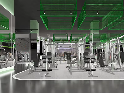 Modern Fitness Gym Interior With Various Workout Equipment And Mirror Walls Design 3d model