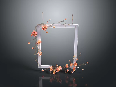 Elegant Lighting Combination with Square Frame Orange Flower Branches and Dark Background Reflection 3d model
