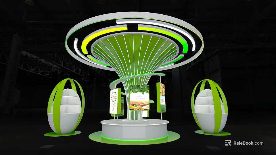 Green And White Exhibition Island With Circular Lighting Design And Egg Shaped Display Podiums 3d model 