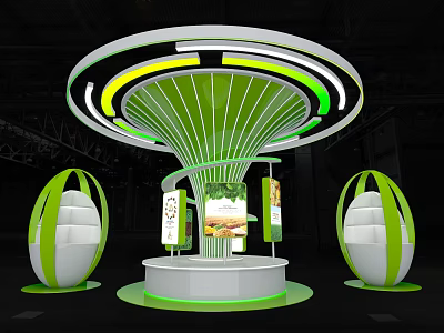Green And White Exhibition Island With Circular Lighting Design And Egg Shaped Display Podiums 3d model