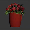 Fresh Red Roses With Black Berries And Green Leaves In Red Vase Arrangement
