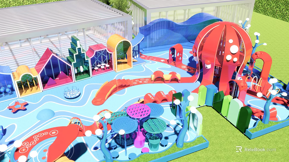 Colorful Children's Play Area With Slides Mushroom Decorations Wave Structures Green Lawn And Transparent Roof 3d model 