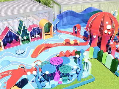 Colorful Children's Play Area With Slides Mushroom Decorations Wave Structures Green Lawn And Transparent Roof 3d model