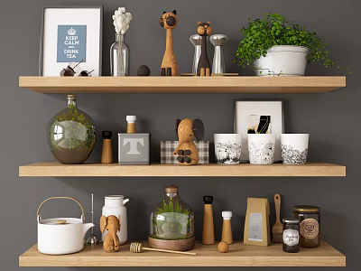 Decorative Wooden Wall Shelves For Home Storage With Plants And Photo Frames 3d model