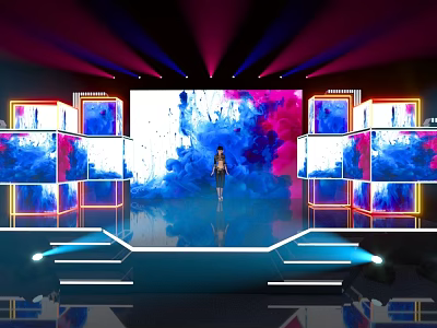 Modern Stage Setup With Colorful Lighting Effects LED Screens Abstract Background And Solo Performer 3d model