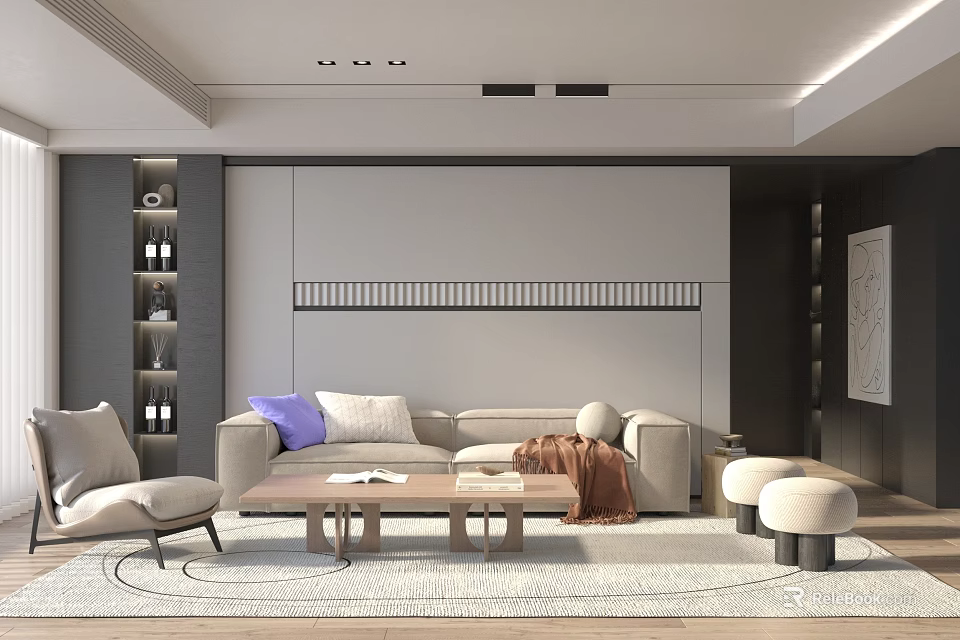Modern Minimalist Living Room Interior With Light Sofa Armchair Wooden Coffee Table And Area Rug 3d model 