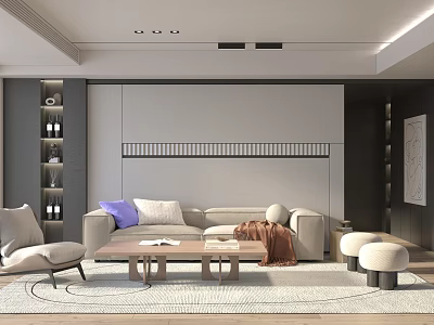 Modern Minimalist Living Room Interior With Light Sofa Armchair Wooden Coffee Table And Area Rug 3d model