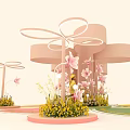 Outdoor Pink Spiral Structure With Pink Flowers And People On Colorful Ground