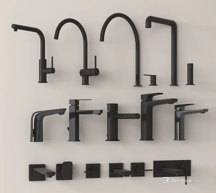Black Modern Faucets Featuring Various Designs And Different Stylish Shapes 3d model