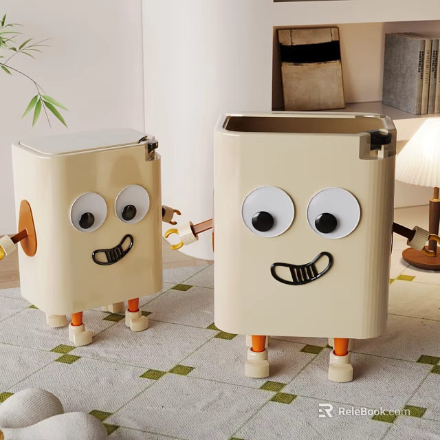 Cute Cartoon Trash Bins With Eyes Mouths Arms And Orange Legs On Carpet 3d model 