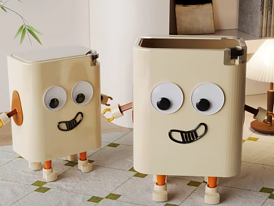 Cute Cartoon Trash Bins With Eyes Mouths Arms And Orange Legs On Carpet 3d model