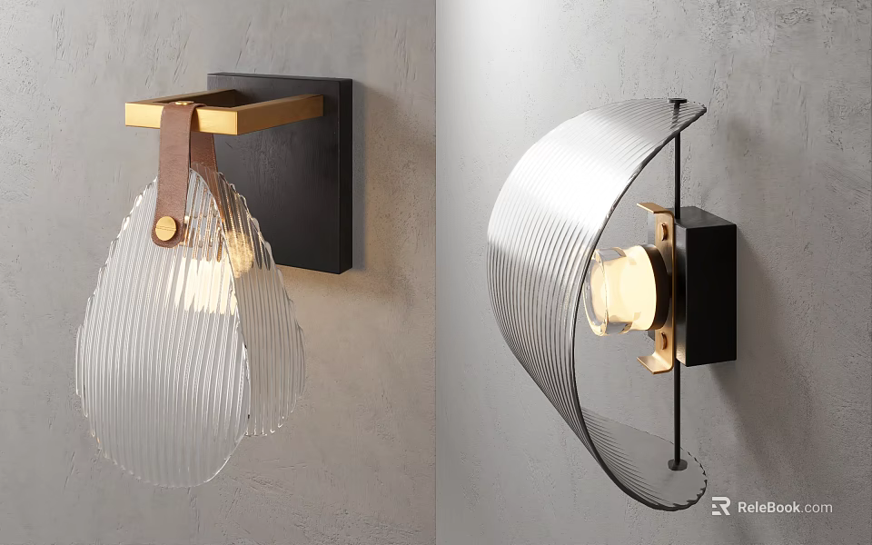 Modern Wall Lamps With Black Base Gold Bracket Brown Leather Transparent Striped Curved Shade 3d model 