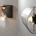Modern Wall Lamps With Black Base Gold Bracket Brown Leather Transparent Striped Curved Shade