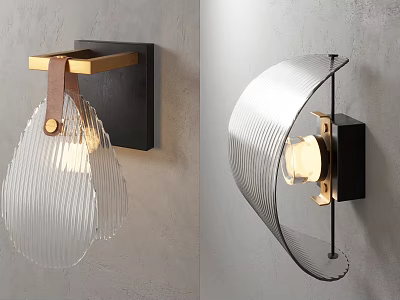 Modern Wall Lamps With Black Base Gold Bracket Brown Leather Transparent Striped Curved Shade 3d model