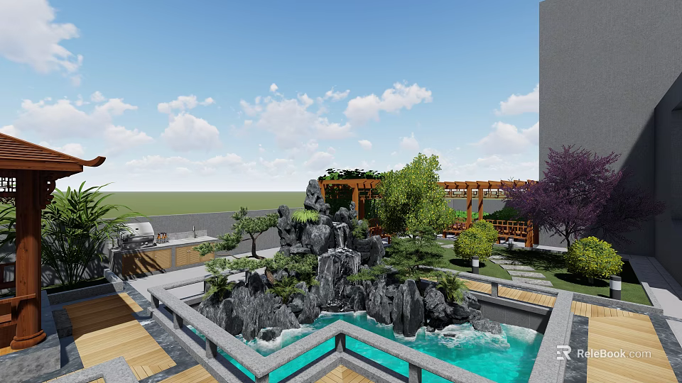 Landscaped Garden With Rock Formations Turquoise Pool Wooden Deck And Lush Greenery 3d model 