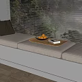 Cozy Window Seat With Beige Cushions Brown Gray Pillows Tray Fruits Vase Plant Wooden Floor