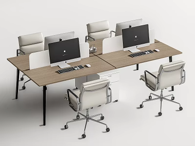 Modern Office Work Desk With Wooden Top Multiple Workstations Dividers Computers And White Chairs 3d model