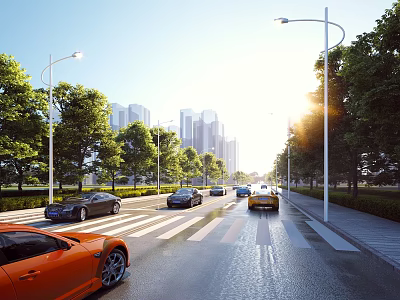 Municipal Road Lined With Green Trees And Street Lamps With Vehicles And Sunlit High-Rise Buildings 3d model