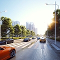 Road facilities road luxury car car street light street tree city road landscape road car zebra crossing sidewalk plant shrub 3d model