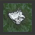 Snow Covered Central Terrain Surrounded by Lush Green Vegetation and River Like Textures