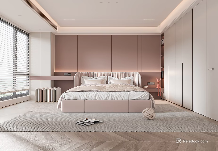 Modern Bedroom Interior Design With Blush Headboard Wall Built in Wardrobe And Wooden Floor 3d model 