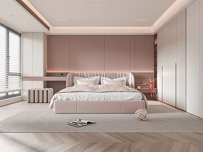 Modern Bedroom Interior Design With Blush Headboard Wall Built in Wardrobe And Wooden Floor 3d model