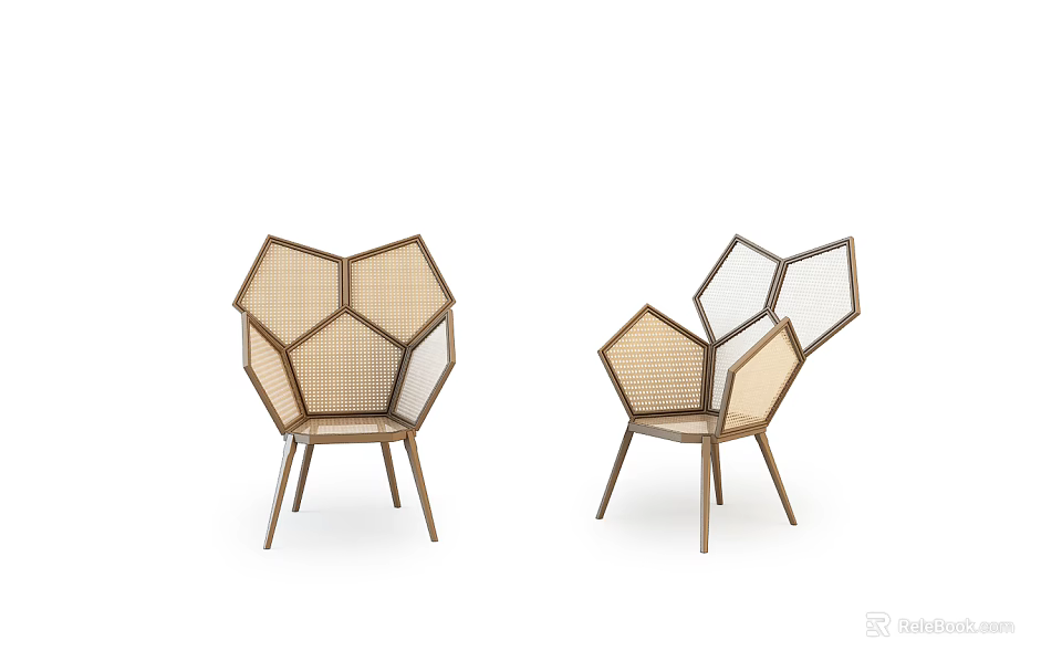 Unique Modern Hexagonal Single Chair with Woven Rattan Design and Metal Legs 3d model 