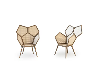 Unique Modern Hexagonal Single Chair with Woven Rattan Design and Metal Legs 3d model