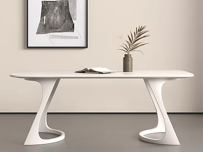 White Dining Table With Unique Leg Design Vase Plant And Book On Wall Painting Background 3d model