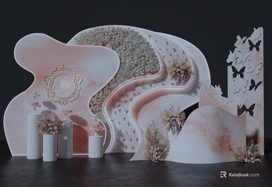 Elegant Romantic Floral Installation With Pink White Curved Wave Design Flower Wall And Butterfly Accents 3d model 