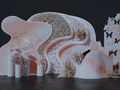 Elegant Romantic Floral Installation With Pink White Curved Wave Design Flower Wall And Butterfly Accents 3d model