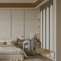 Kids Bedroom With Beige Walls White Arched Shelves PEACE Pillow Stuffed Toys Pendant Lights Rug