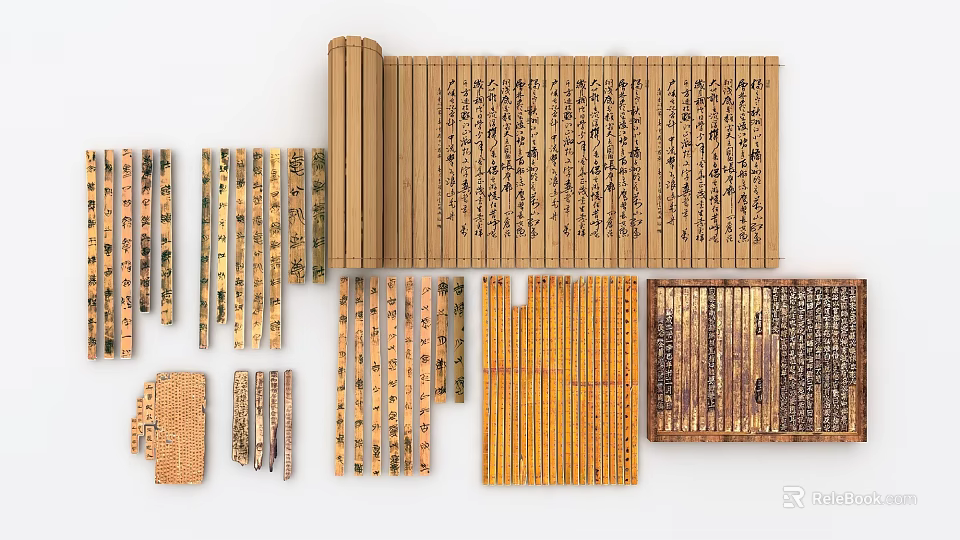 Ancient Bamboo Slips As Traditional Chinese Book Form With Inscribed Characters 3d model 
