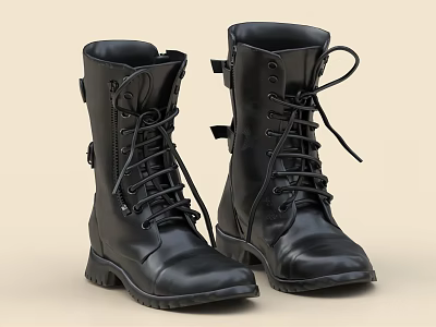 Black Leather Lace Up Mid Calf Fashion Boots With Buckles 3d model