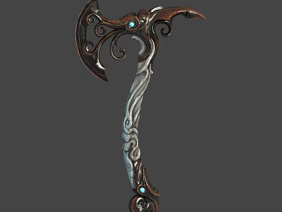 Ornate Mythical Scythe With Curved Metal Blade Carved Handle And Blue Gemstones 3d model