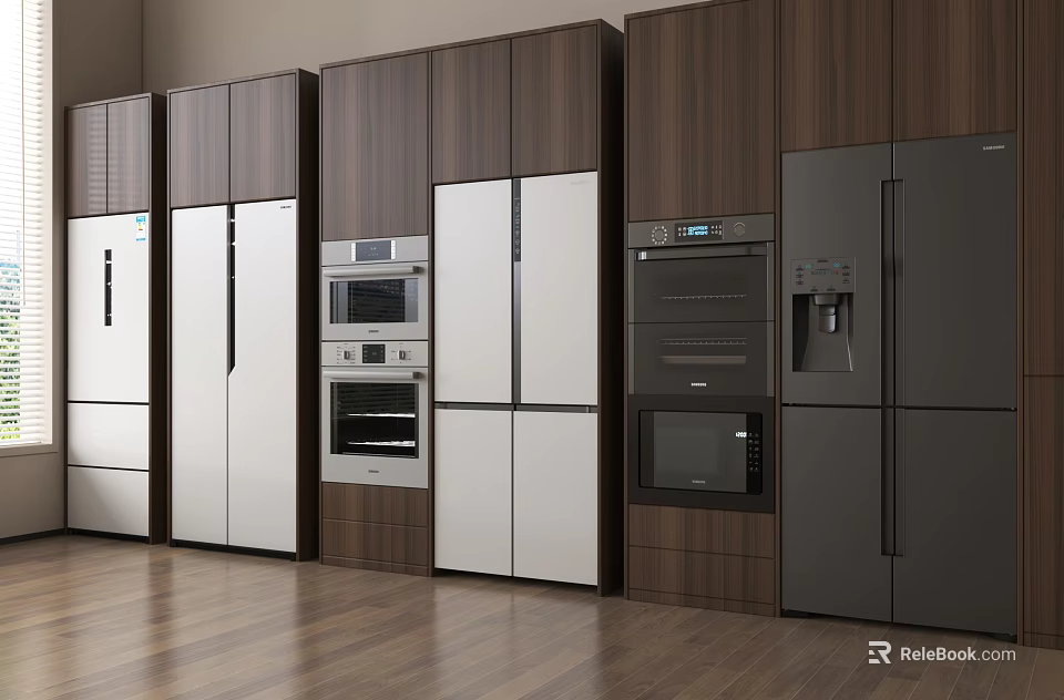 Stylish Modern Kitchen Interior Featuring Multiple Refrigerators Freezers And Wooden Cabinets 3d model