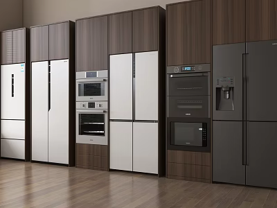 Stylish Modern Kitchen Interior Featuring Multiple Refrigerators Freezers And Wooden Cabinets 3d model