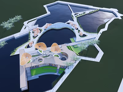 Park Landscape Design With Lakes Pavilions Curved Walkways Greenery And Open Areas 3d model