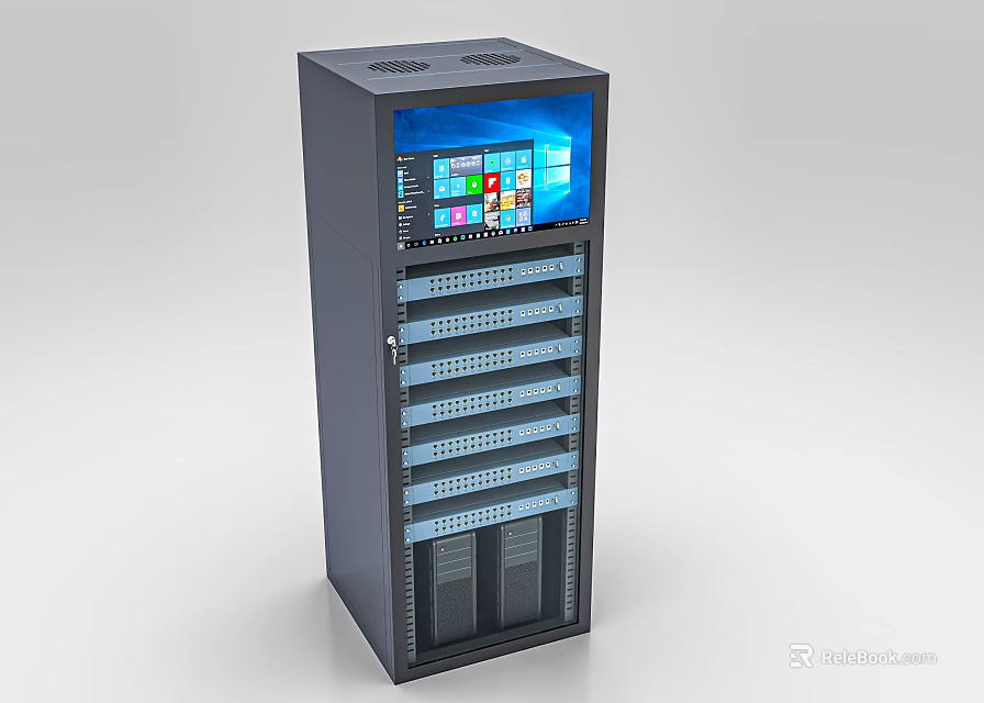 Black Server Rack Cabinet With Display Screen And Windows Interface Multiple Slots And Ventilation Design 3d model 