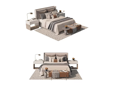 Modern Double Bed With Bedside Tables Lamps Pillows Blanket And Area Rug 3d model